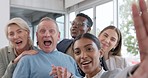 Business people, group and funny selfie with laugh, peace sign, middle finger or comic face with diversity. Businessman, women and team building in office, memory or profile picture for social media