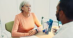 Senior woman, doctor and a man talking in an office for healthcare, advice and consultation. Communication, trust and professional person talking to elderly patient about medical results or insurance