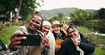 Camping, peace sign and selfie of friends in nature on outdoor holiday, vacation and adventure. Memories, travel and happy men and women take picture by lake in woods or forest for social media post