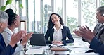 Business people, meeting and group with applause, success and leader with thank you, gratitude and smile with staff. CEO, manager or boss lady with team, support and diversity with growth in revenue
