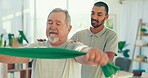 Physiotherapy, stretching band and senior man for doctor support in physical therapy, rehabilitation or healthcare. Medical nurse, people or chiropractor helping elderly patient with shoulder pain