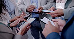 Business people, hands and phone for networking, data sync or sharing information at the office. Group of employees working on mobile smartphone app for communication or social media at the workplace