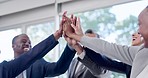 Business people, hands and high five in meeting for team building, motivation or support together at the office. Group of employees touching in teamwork for trust, unity or collaboration at workplace