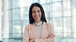 Happy, arms crossed and business woman in office for manager, pride and professional. Smile, designer and entrepreneur with portrait of female employee for confidence, empowerment and opportunity