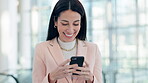 Smartphone, consultant and happy woman typing in office lobby for social media, research app and networking. Phone, business professional and smile on internet for online chat on website in company