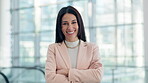 Smile, arms crossed and business woman in office for manager, pride and professional. Happy, designer and entrepreneur with portrait of female employee for confidence, empowerment and opportunity