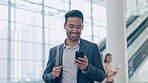 Phone, smile and business man at airport lobby for social media, search app or email. Happy, smartphone and Asian professional with bag or luggage for travel, communication and consultant walking