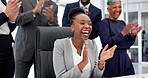 Happy black woman, team and applause for good news, promotion or winning together at the office. Excited African female and business people clapping in celebration for teamwork success at workplace