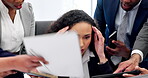 Stress, headache and overwhelmed with woman in office for time management, crisis and chaos. Mental health, schedule and frustrated with business people for paperwork, report and multitasking