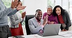 Black man in office with laptop, applause and team high five for news of success, goal or announcement. Congratulations, celebration and support for winning target achievement, business people cheers