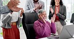 Excited woman in office with laptop, applause and team high five for news of success, goal or announcement. Congratulations, celebration and support for target achievement win, business people cheers