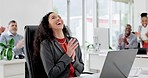 Woman in office with laptop, applause and news of success, promotion or bonus announcement. Wow, cheers and support for winner employee with target achievement, business people in celebration at desk