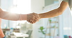 People, handshake and elderly care in thank you for meeting, gratitude or healthy physiotherapy. Man and senior female person shaking hands for welcome, introduction or therapy in support or trust