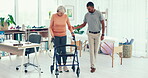 Man, physiotherapy and patient in elderly care with walker for walking, consultation or assessment at clinic. Male medical physiotherapist or caregiver helping senior person with a disability to walk