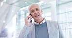 Senior business man, phone call and office building for mobile communication, feedback or negotiation. Happy CEO, corporate boss and talking on smartphone tech for contact, consulting or conversation