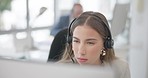 Confused, computer and a woman in a call center for consulting, telemarketing or technical support. Contact us, problem and a female customer service employee reading information from a pc for sales