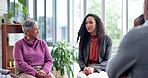 Business woman, group discussion and office circle with human resources and collaboration. Community, empathy and team building for mental health and workshop with communication of staff in meeting

