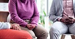 Anxiety, stress and woman hands at group therapy for support at company with counseling. Team, community and female professional in circle for office staff with teamwork for mental health problem