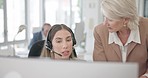 Call center, women and coaching with computer, advice and helping hand for development, learning and teaching. Senior crm, consultant training and question for tech support, mentorship and management