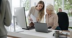 Conversation, paperwork and manager helping a businesswoman with a project in the office. Discussion, collaboration and senior female leader talking to young colleague with document in the workplace.