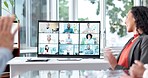 Video call, conference and office greeting online on computer screen with company group. Professional, wave and welcome on a onboarding team conversation with digital communication of workforce