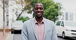 Business man, portrait and outdoor with smile and happy from professional job in city. Urban street, African male person and worker with career and pride on a sidewalk and road in town for work