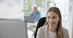 Computer, happy and businesswoman working in the office on a creative research project. Happiness, smile and professional young female designer from Canada planning on technology pc in the workplace.