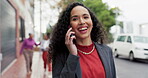 Phone call, city and business woman travel or commute to work talking on a funny mobile conversation and happy outdoor. Corporate, town and employee walking and in discussion for communication