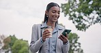 Business phone, city and walking happy woman reading, scroll or search web, app or message funny user. Morning commute travel, urban coffee break and laughing Indian person texting cellphone contact