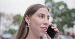 Business woman, phone call and outdoor with talk and communication for networking. Conversation, female professional walking and urban work travel with mobile conversation and city contact on app