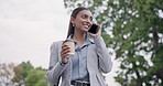 Business woman, phone call and outdoor with coffee and communication for networking. Conversation, female professional walking and urban work travel with mobile conversation and city contact on app