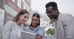 City, tablet and business people conversation on urban design planning, development project or research. Outdoor communication, social media app or professional team cooperation on online information