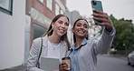 Business women, friends and street with selfie, smile and coffee for walk together, city and blog. Team building, partnership and memory in metro cbd for profile picture, memory and social media app