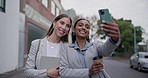 Business women, friends and city with selfie, smile and coffee on walk together, street and post. Team building, partnership and memory in metro cbd for profile picture, memory and social network app