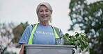 City volunteer, box and senior happy woman with food donation, container or basket for charity work. Community service outreach, NGO portrait and elderly person volunteering for social responsibility