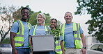 City volunteer, food donation and happy people with grocery package, container or box for charity support, help or aid. Community service group, NGO portrait or team volunteering for society outreach