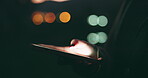 Woman, hands and phone typing at night for communication, social media or outdoor networking. Closeup of female person chatting, texting or online browsing in late evening on mobile smartphone app