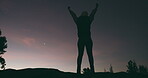 Woman, fist pump and silhouette on mountain at night for winning, fitness or outdoor achievement on mockup space. Rear view of fit female person in late evening for celebration, conquer or milestone