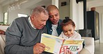 Grandpa, father and girl reading a book, relax and education with quality time, growth and learning. Child development, male parent and old man on a sofa, home and bonding with a kid and literature