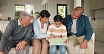 Big family, tablet and child in home living room, bonding and relax together on sofa. Kid, father and grandparents with technology for learning, social media or online app for game in lounge of house