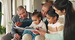 Reading book, big family and kids in home for education, studying and knowledge. Storytelling, grandparents and parents with children for learning, homeschool and development, talking and bonding