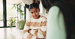Mother, talking and discipline upset child for bad behaviour, problem or mistake on a home sofa. Sad young girl kid with a woman, parent or family speaking to reprimand, lecture and advice or punish