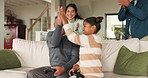 High five, gaming and grandfather with girl in celebration for success, winning and happy for bonding in home. Excited, grandpa and child play game, esports competition and family applause on sofa