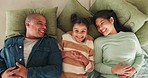 Top view of mother, father and girl relax for bonding, quality time and laugh together in living room. Happy, family and mom, dad and child at home having fun on couch for care, cuddle and love