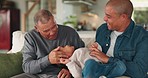 Grandfather, dad and girl playing on couch with happiness, bonding and quality time to relax together. Family, grandparent and father with a child, living room and happy with love, funny and home