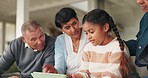 Family, tablet and home on living room sofa with game, grandparents and child together. Digital, support and care in house with parents and children with tech and talk on a lounge couch with smile