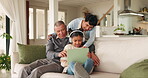 Grandparents, tablet and child with headphones in home for music, bonding and happy family together on sofa. Girl, grandmother and grandfather with tech for internet, social media or app for learning