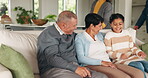 Grandparents, relax and happy family together in lounge for bonding in living room, home or watching a tv show or movie on the weekend. Kid, parents and senior couple hug on sofa for quality time