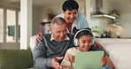 Learning, talking grandparents and child with a tablet for games, a cartoon or movie in a home lounge. Smile, family and a senior man, woman and child with technology and headphones for education