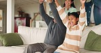 Gaming, family and home with celebration of esports win in living room on a television. Grandpa, young girl and excited from video game and competition goal on tv with a smile of senior man and child